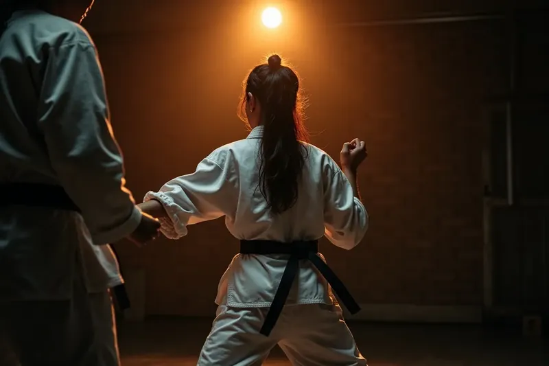 A coach correcting a young athlete's guard mid-drill