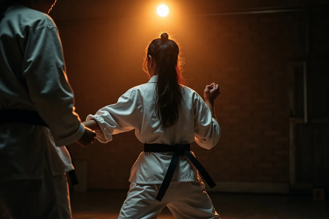 A coach correcting a young athlete's guard mid-drill