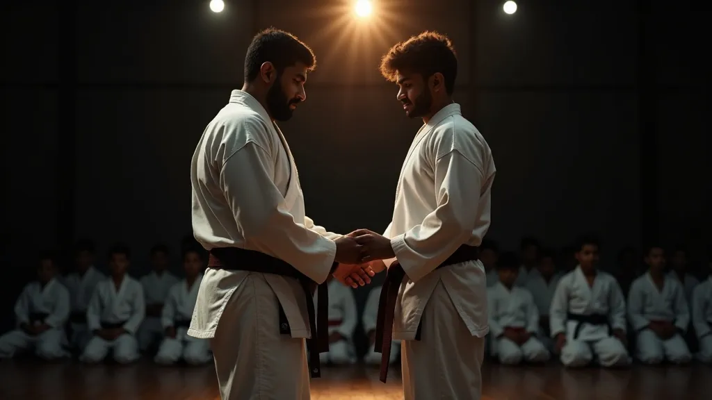 A sensei tying a newly earned belt on a student at a grading ceremony