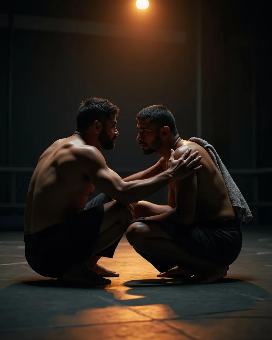 A coach speaking with a young fighter between rounds