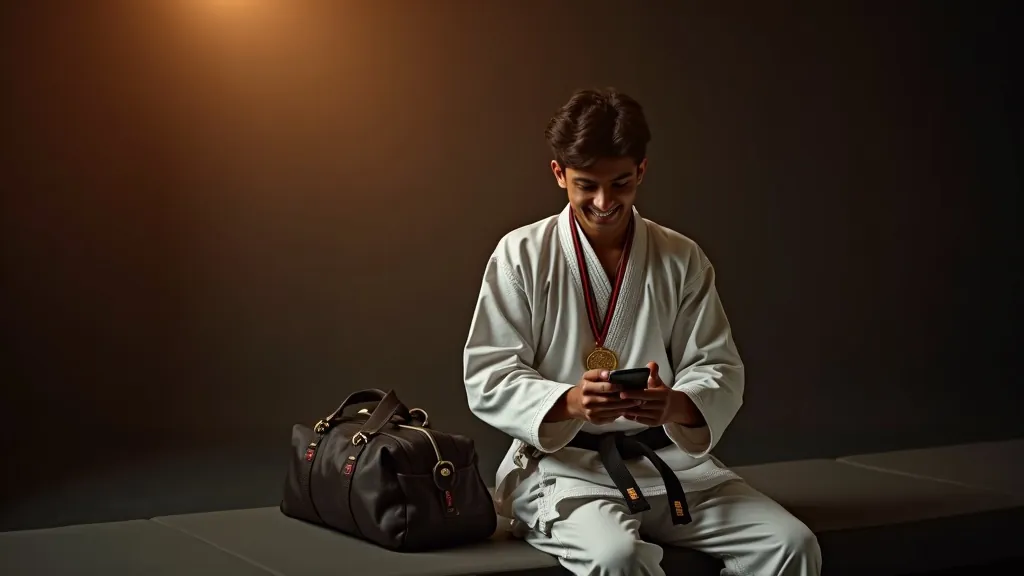 A young athlete with a medal checking his record on his phone