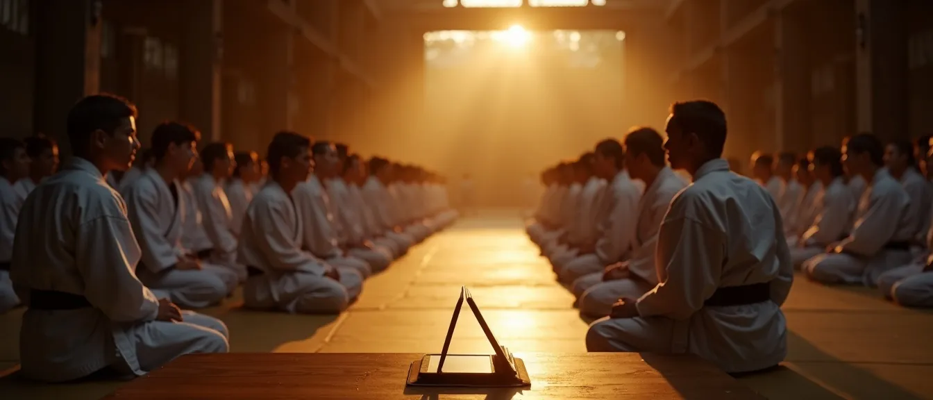 A belt grading day: rows of students kneeling in formation
