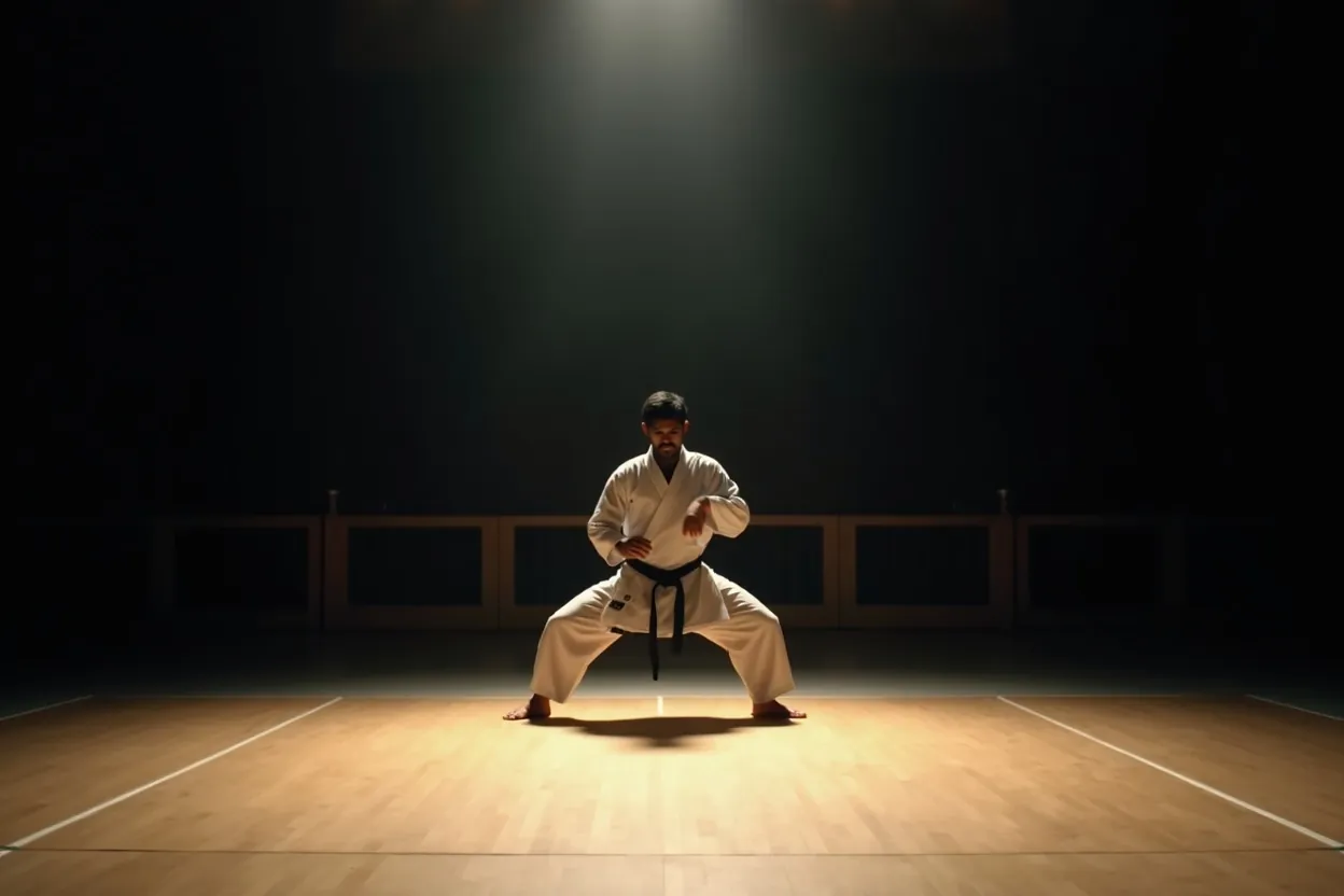 A karate athlete performing kata alone under a spotlight