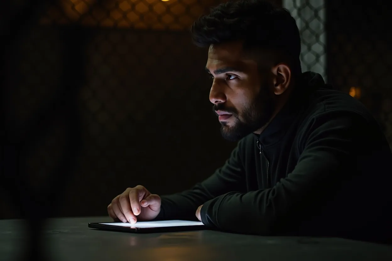 An MMA judge cageside, eyes on the fight, tablet resting flat and unwatched