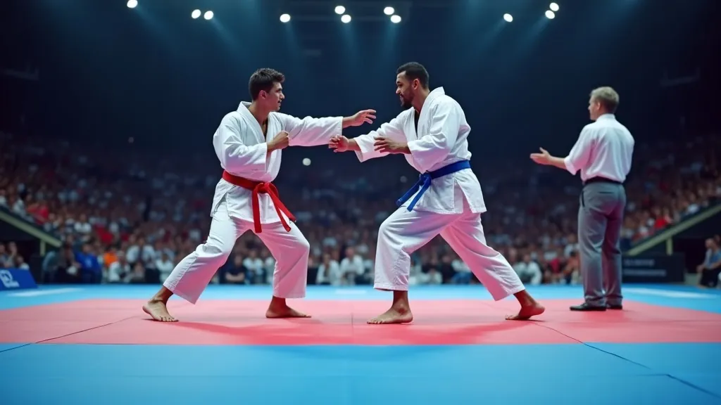 Two karate athletes mid-bout on a tournament mat